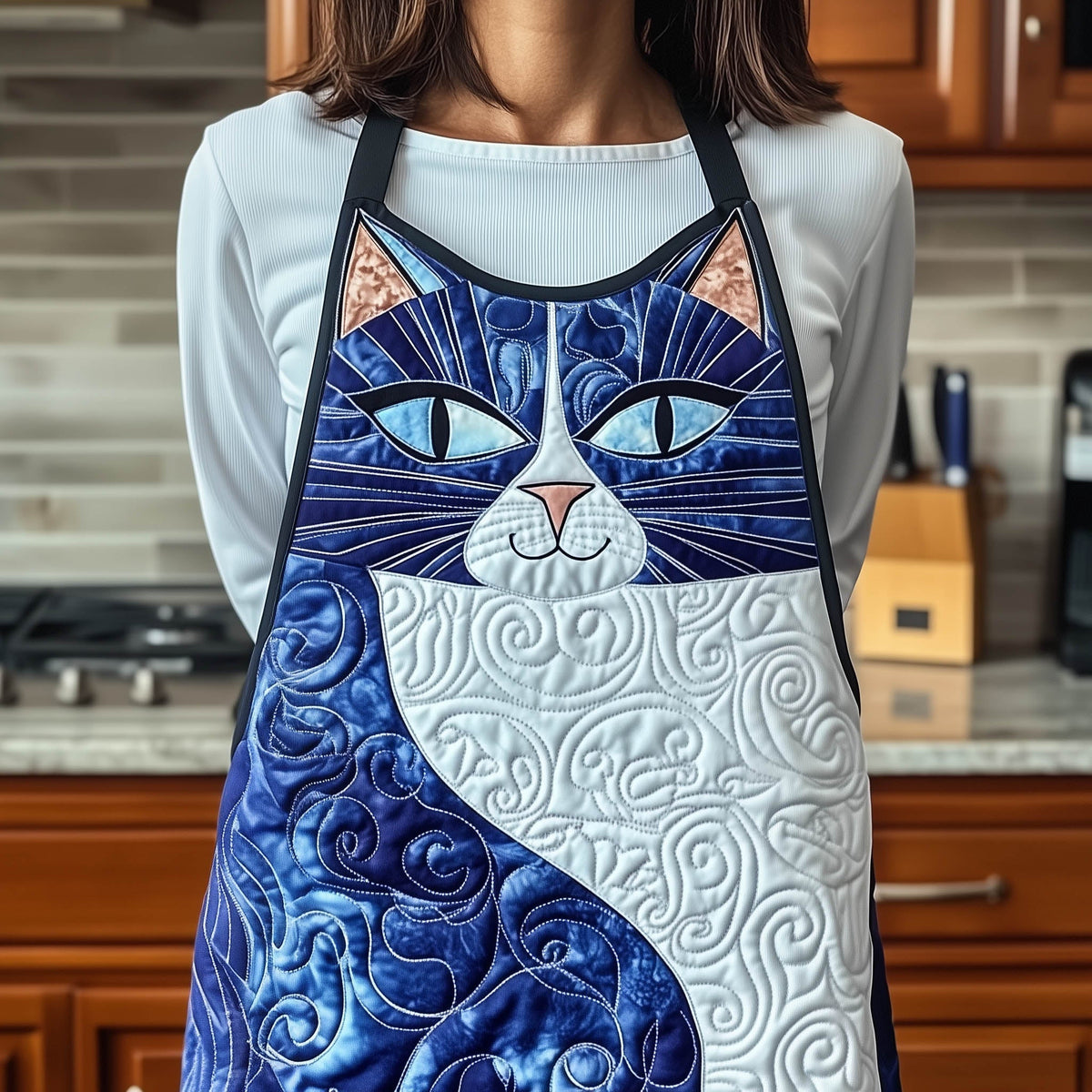 Midnight Blue Kitten quilted apron – midnight blue cat