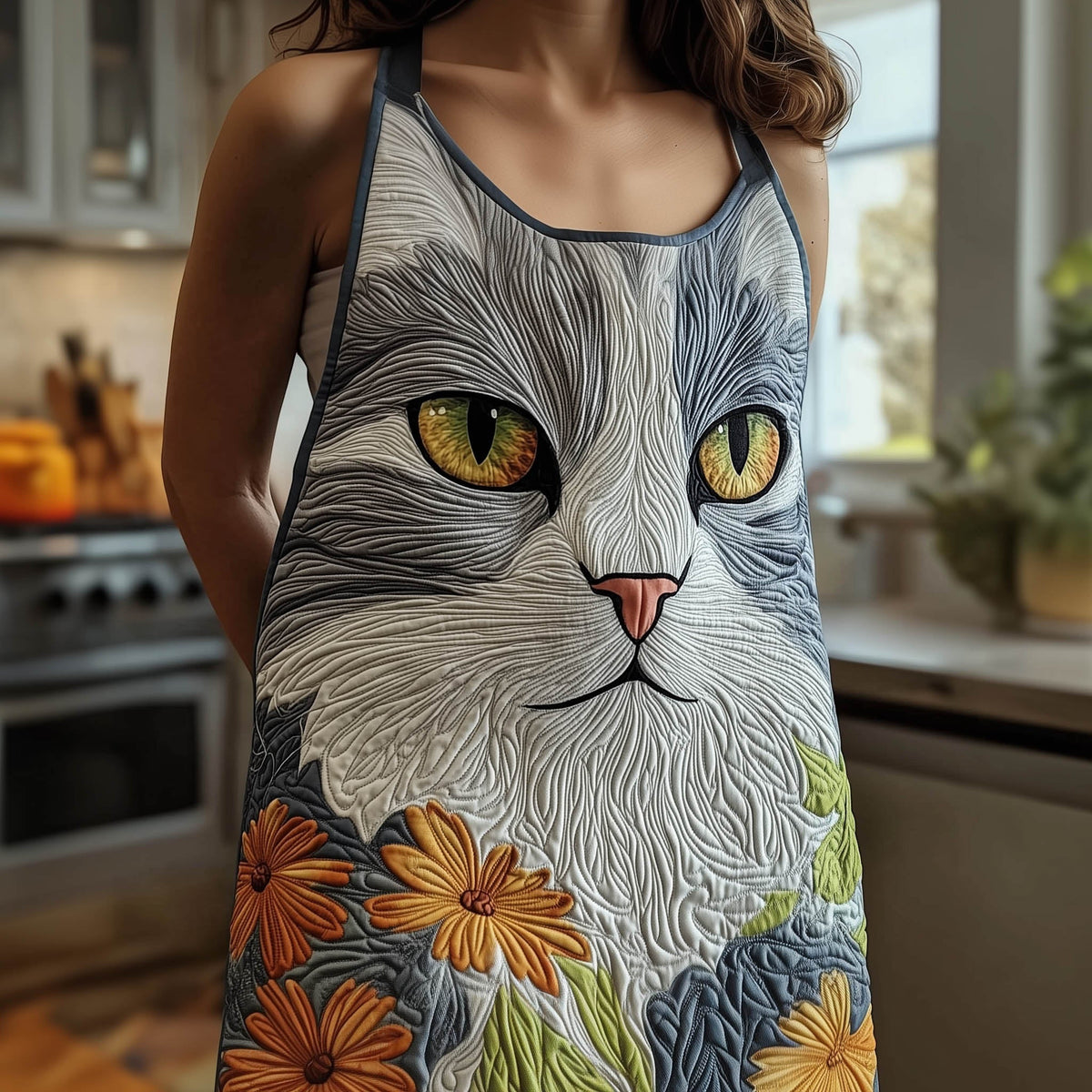 Silver Tabby Gaze quilted apron – silver tabby face