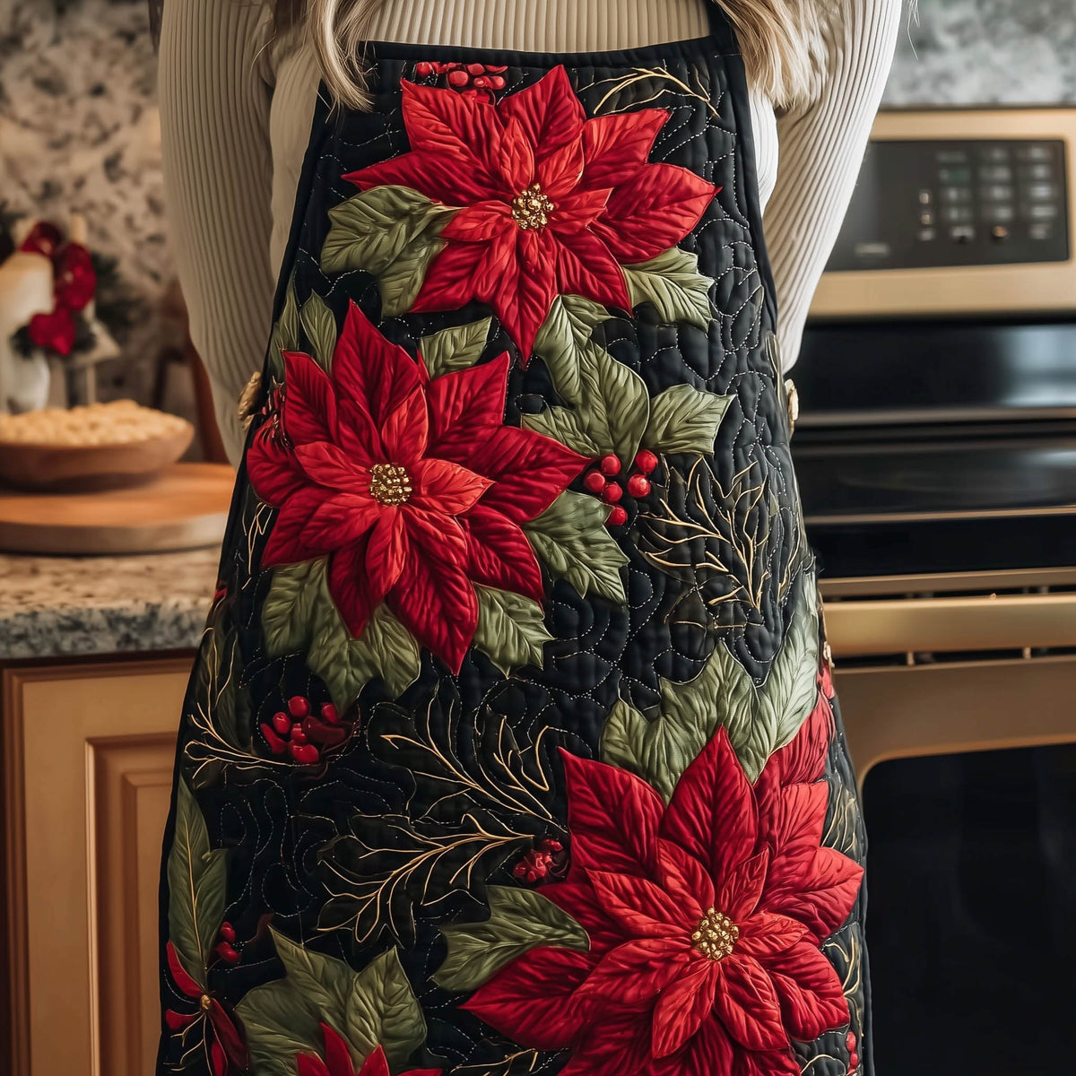 Black Poinsettia quilted apron – poinsettias on black