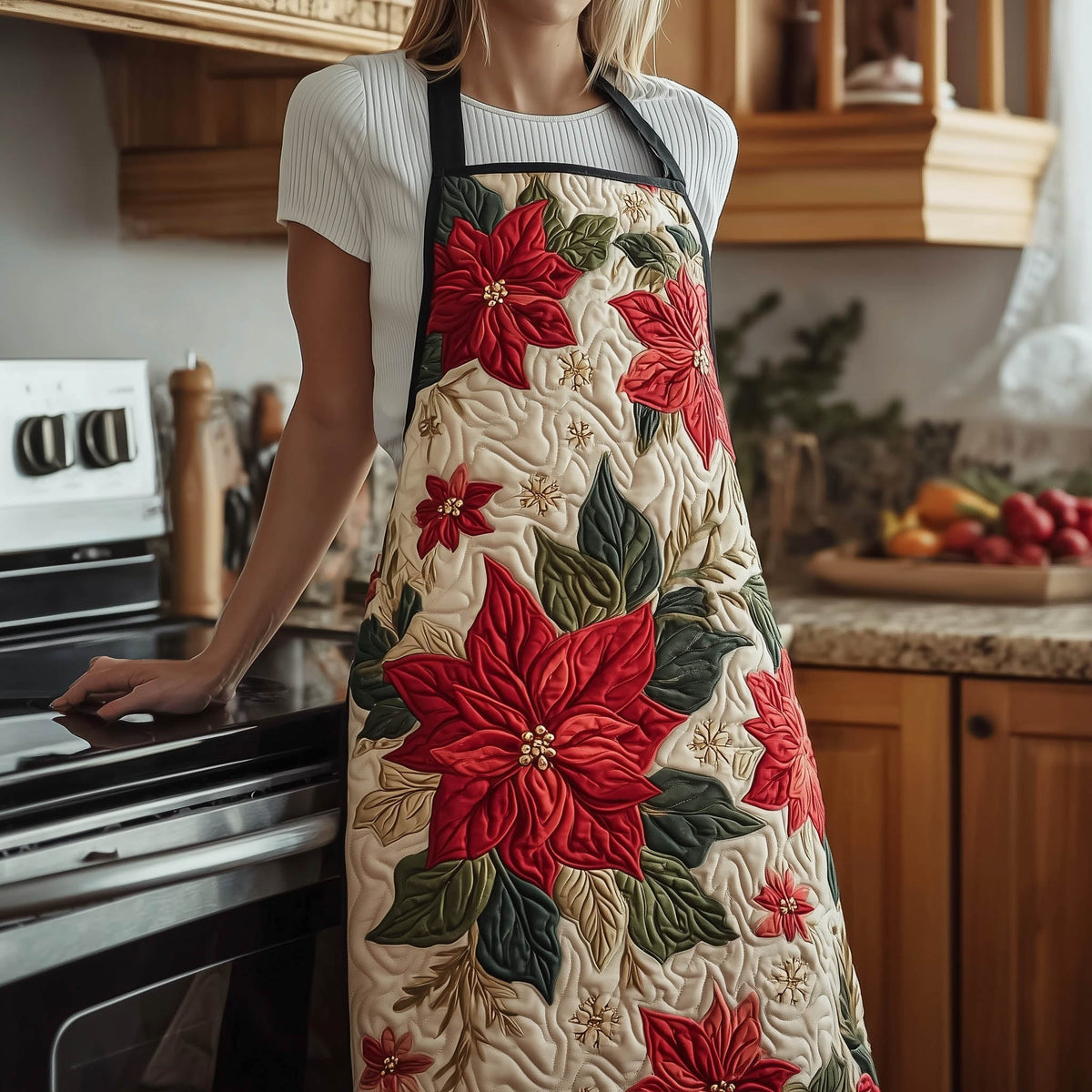 Cream Poinsettia quilted apron – poinsettias on cream