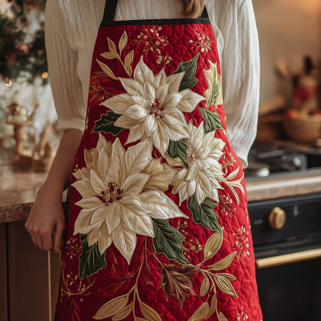 White Poinsettia quilted apron – white poinsettias on red