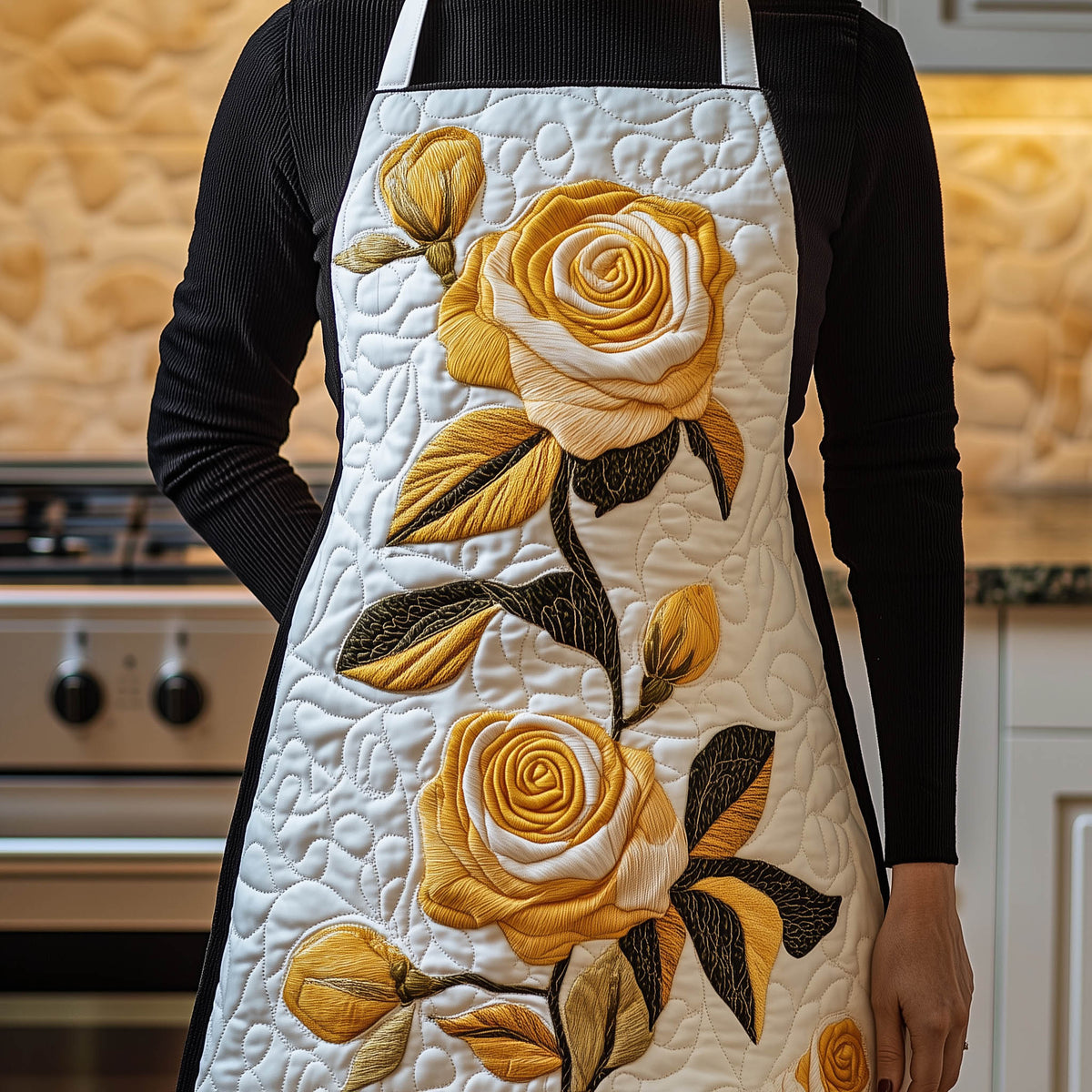 Yellow Rose Stem quilted apron – yellow roses