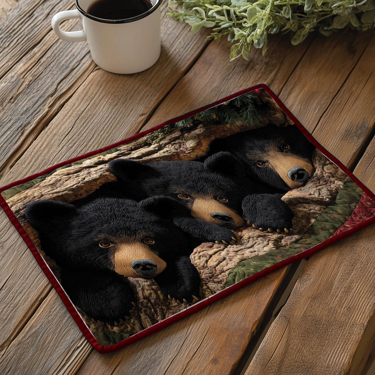 Bear Den quilted placemats – black bears in a den