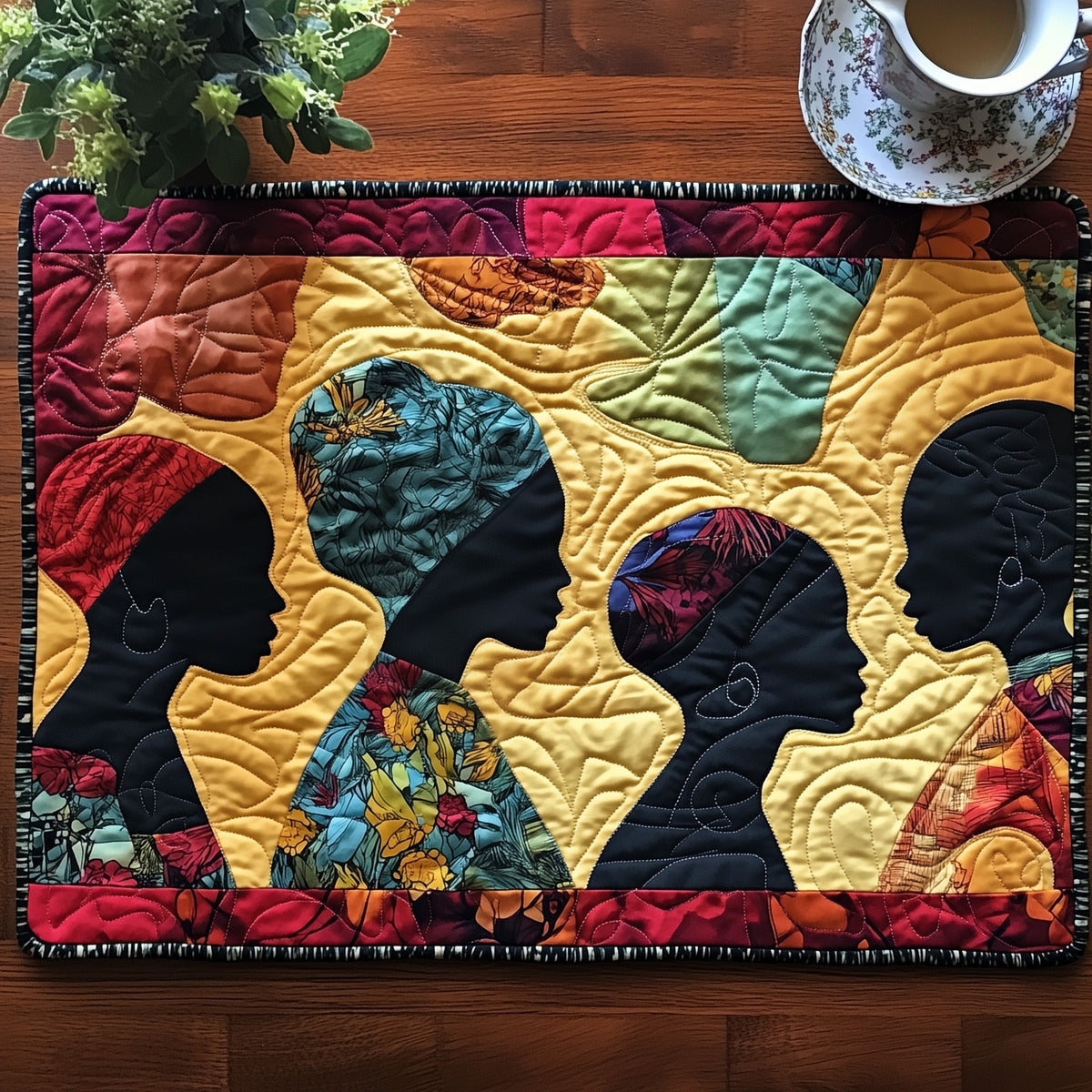 Heritage Profiles quilted placemats – silhouettes on patchwork