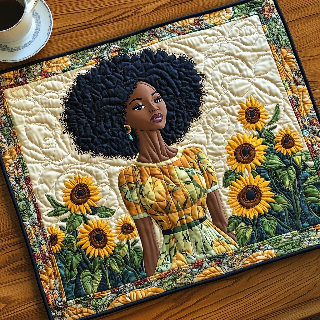 Sunflower Queen quilted placemats – woman among sunflowers