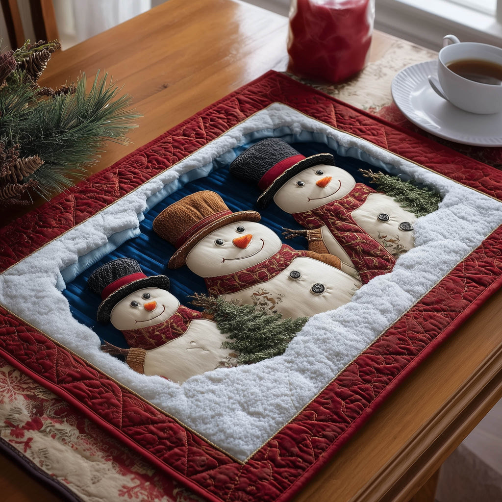 Winter Snowman quilted placemats – snowman trio in red frame