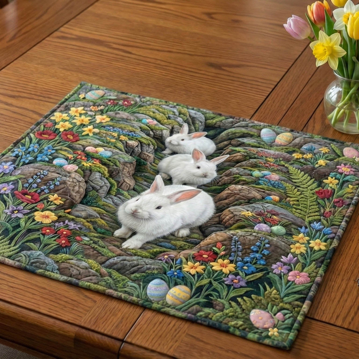 Easter Bunny Meadow quilted placemats – bunnies in a meadow