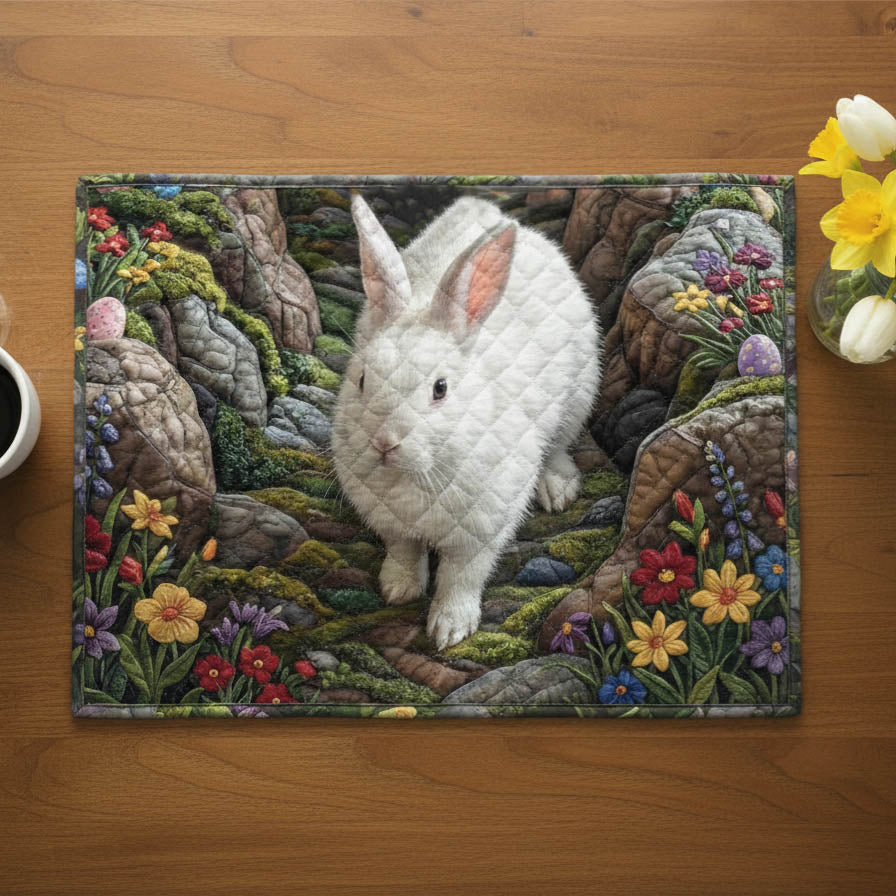 Bunny in the Garden quilted placemats – white bunny in flowers