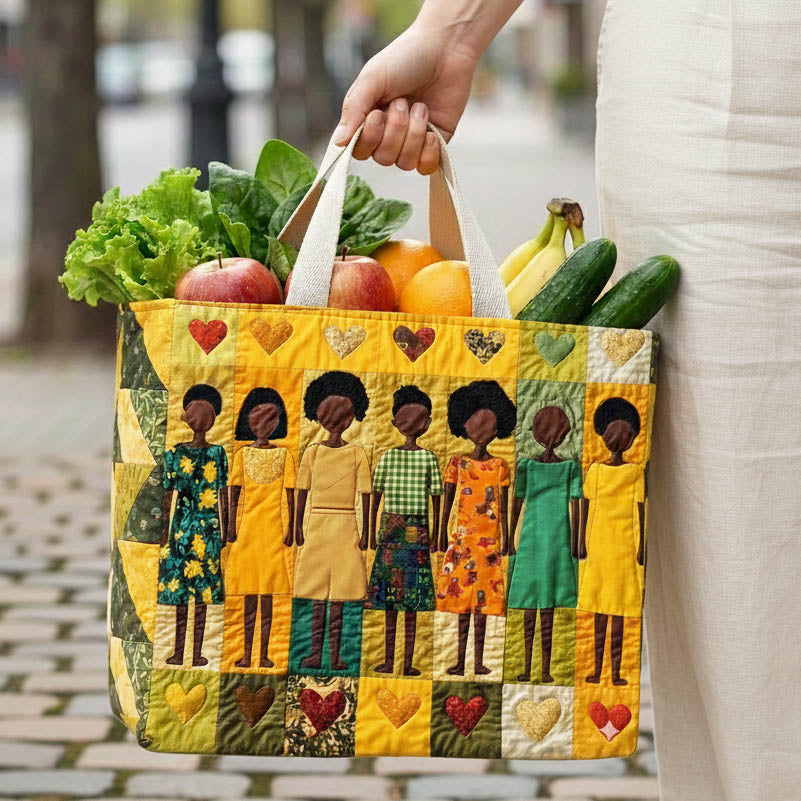 Sunshine Sisters quilted shopping bag – women on yellow