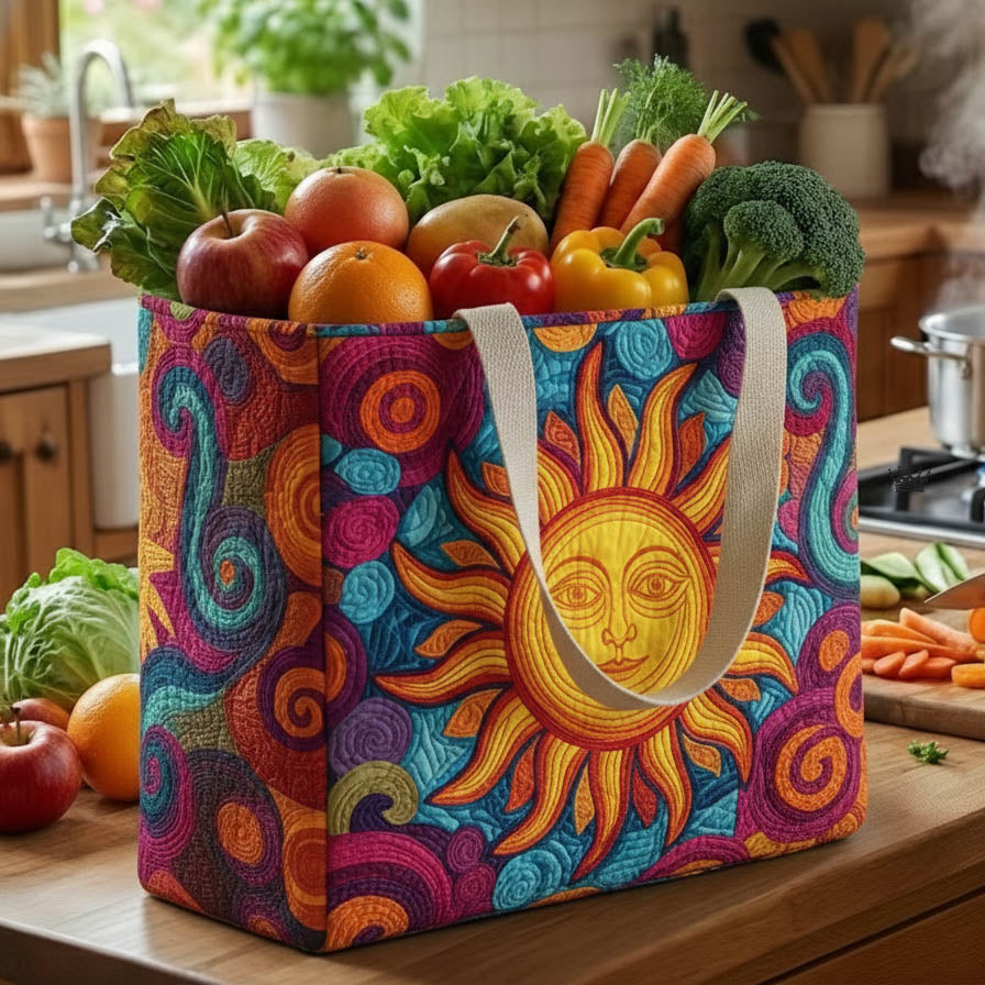 Vivid Sun Face quilted shopping bag – sun face on swirls