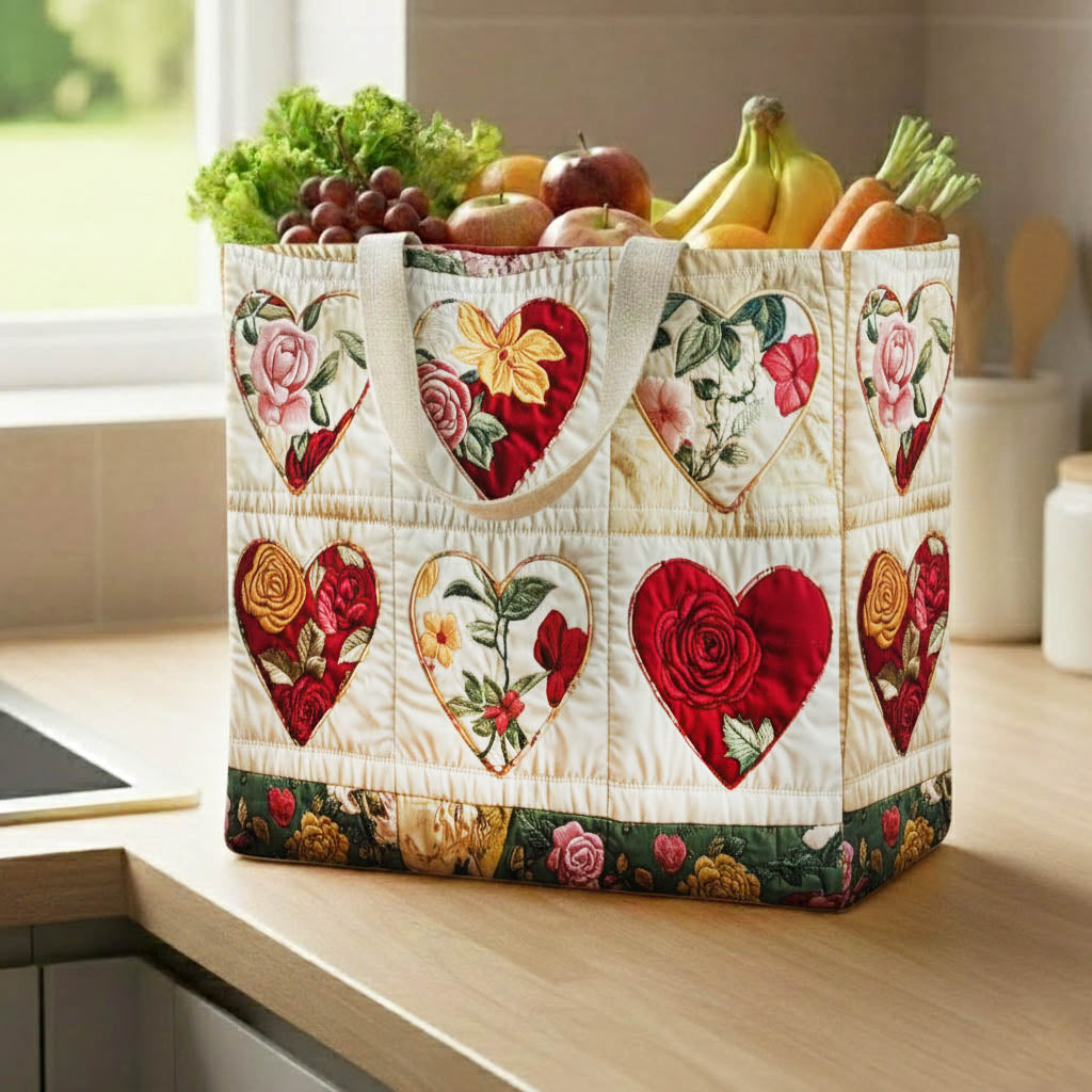 Rustic Rose Hearts quilted shopping bag – floral hearts