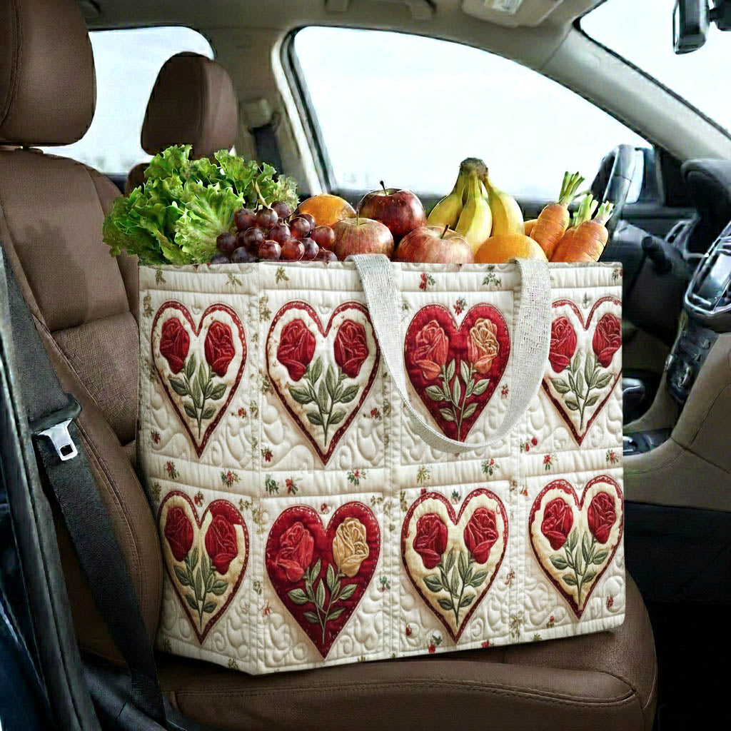 Rustic Rose Rows quilted shopping bag – rose hearts