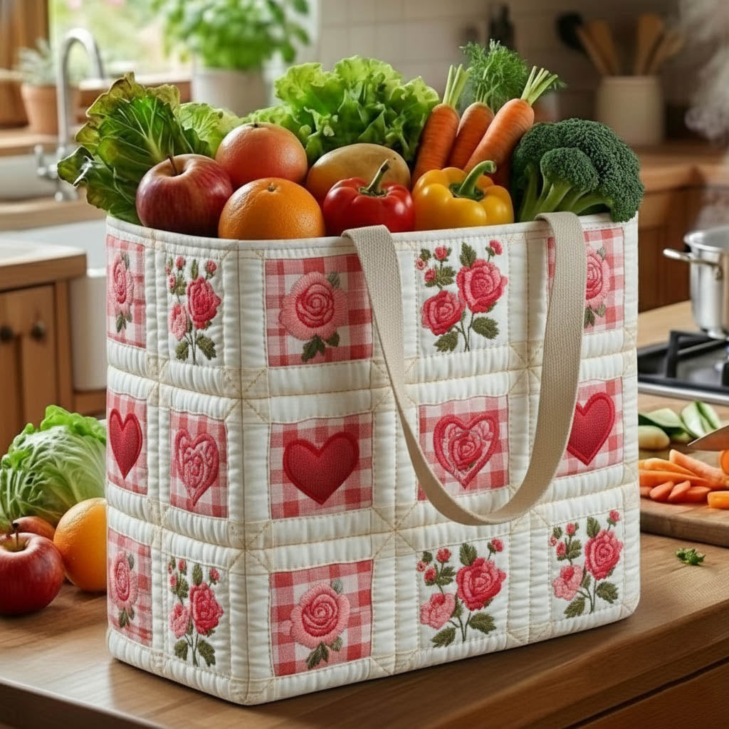 Rustic Rose Gingham quilted shopping bag – gingham rose hearts