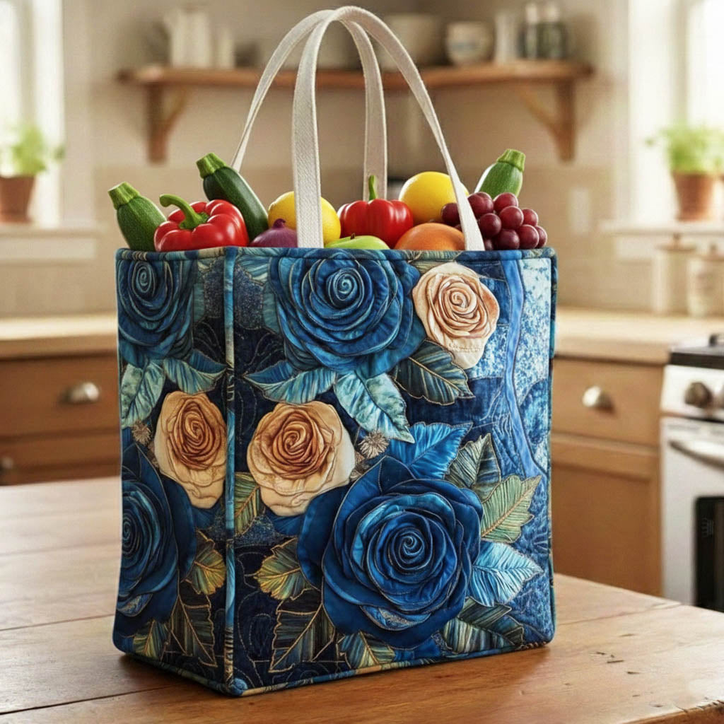Midnight Roses quilted shopping bag – blue roses