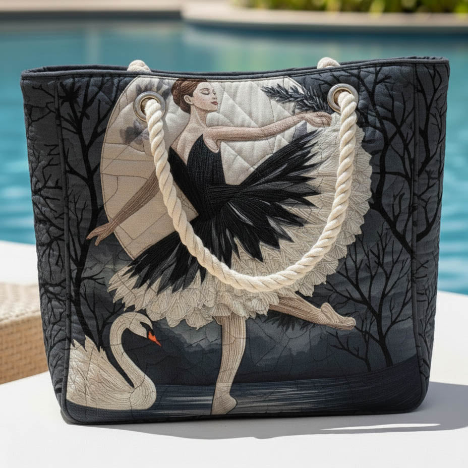 Quilted beach bag with the Ballerina and Swan design, a swan and a poised ballerina in pale blush and soft grey