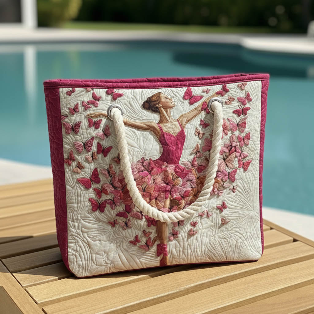 Quilted beach bag with the Ballerina and Butterflies design, a ballerina in soft rose and dove grey with butterflies lifting from her skirt in lilac, gold and pale blue, standing upright