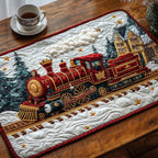 Royal Winter Train quilted placemats – train past snowy cottages
