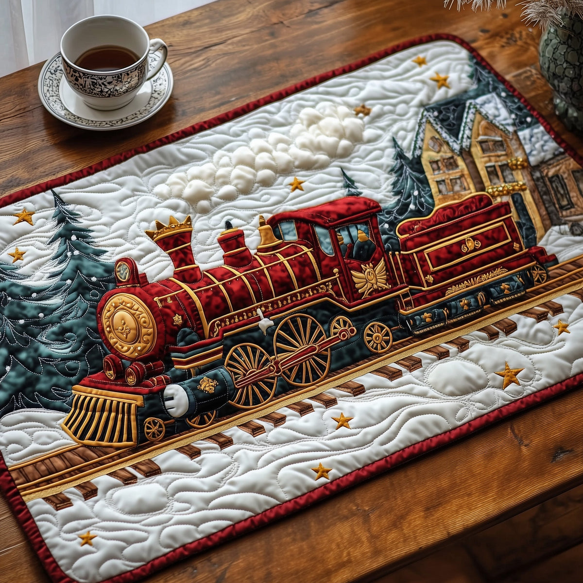 Royal Winter Train quilted placemats – train past snowy cottages
