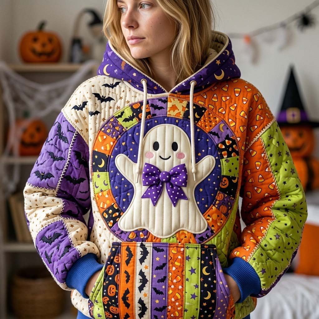 Bow Ghost Patchwork quilted hoodie – ghost with a bow