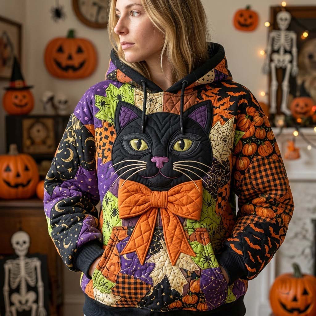 Black Cat Bow quilted hoodie – black cat with a bow