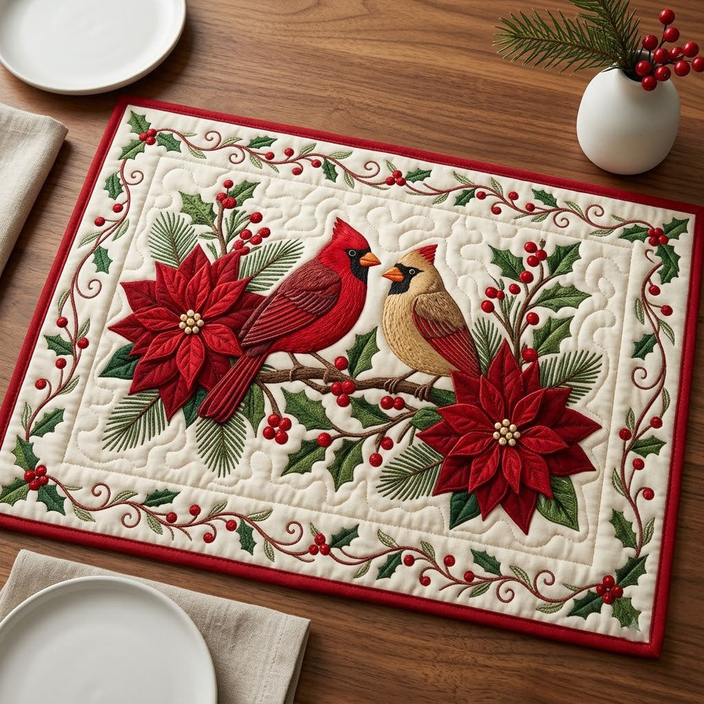 Red Cardinal Poinsettia quilted placemats – cardinals on poinsettia branch