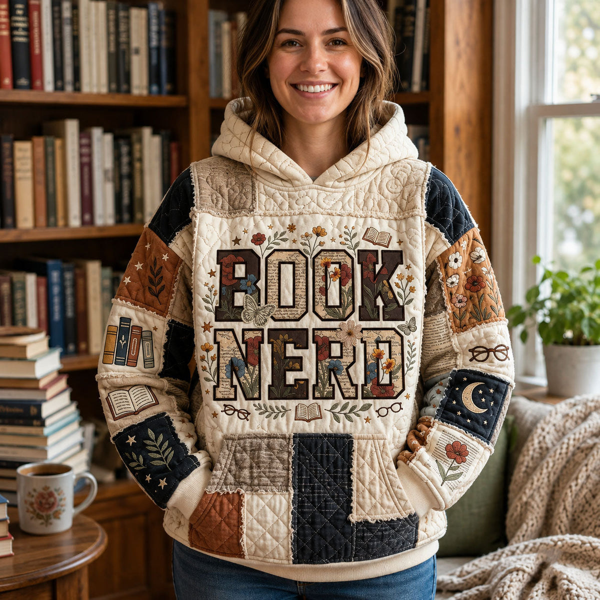 Book Nerd quilted hoodie – book Nerd lettering