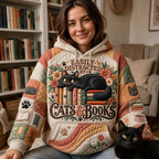 Cats and Books quilted hoodie – cat napping on books
