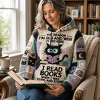 Old and Wise Reader quilted hoodie – reading joke lettering