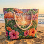 Woman carrying the Tropical Dawn quilted beach bag along the shore