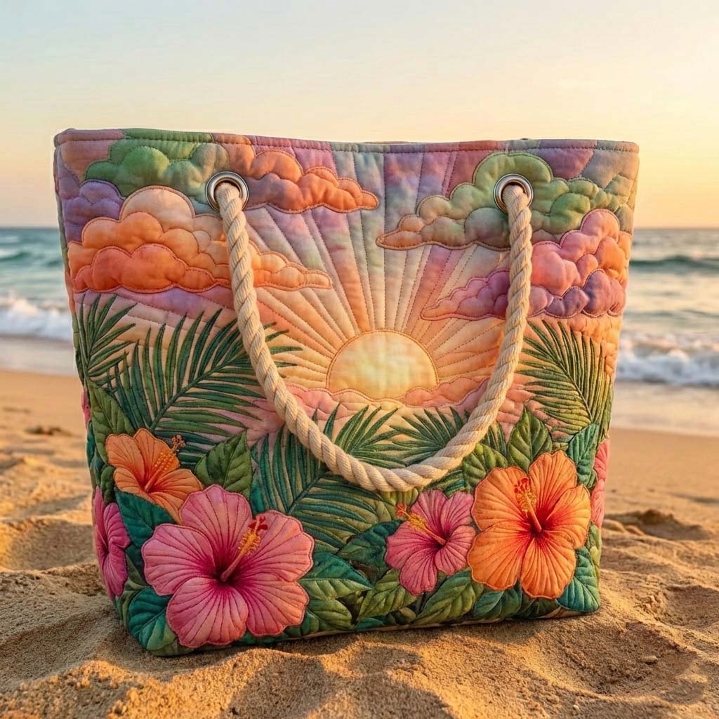 Woman carrying the Tropical Dawn quilted beach bag along the shore