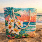 Tropical Spirit quilted beach bag on the sand with a towel and sun cream