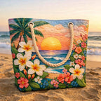 Quilted beach bag with the Tropical Breeze design, large coral and yellow tropical flowers and green leaves across the front