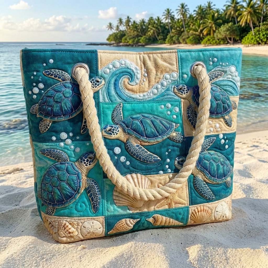 Quilted beach bag with the Turtle Bay design, sea turtles resting in calm teal water above pale sand