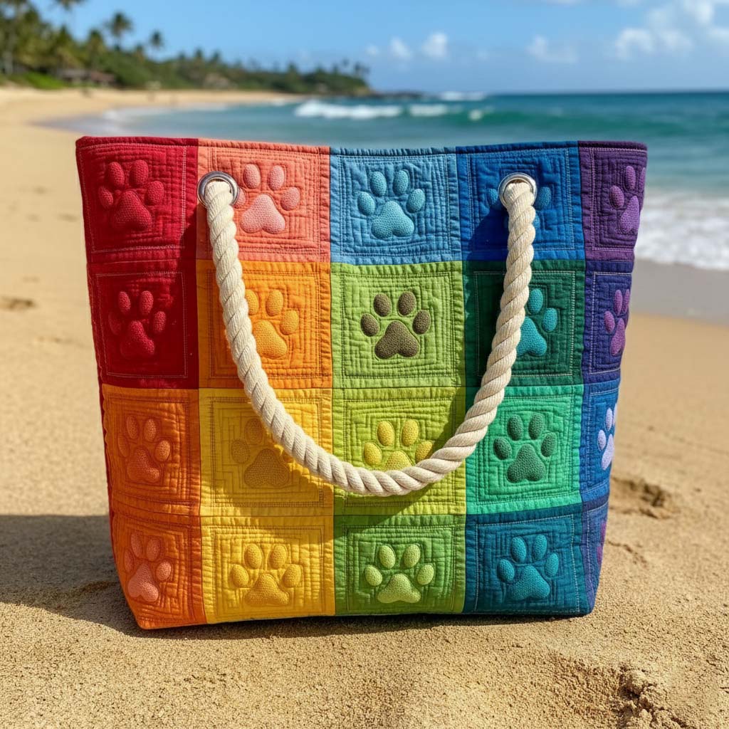 Woman carrying the Rainbow Paw Prints quilted beach bag along the shore
