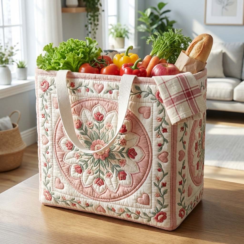 Spring Bloom Medallion quilted shopping bag – pink floral medallion