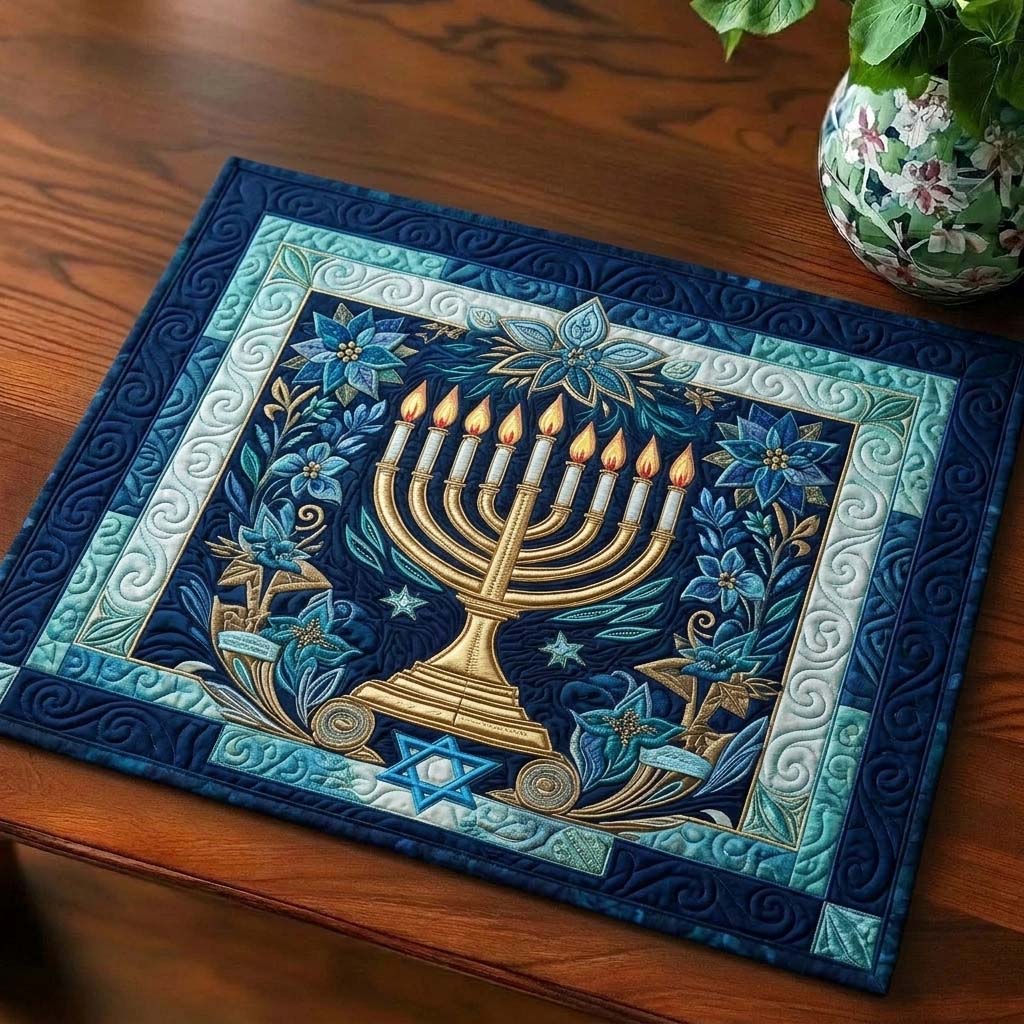 Golden Menorah quilted placemats – golden menorah on navy
