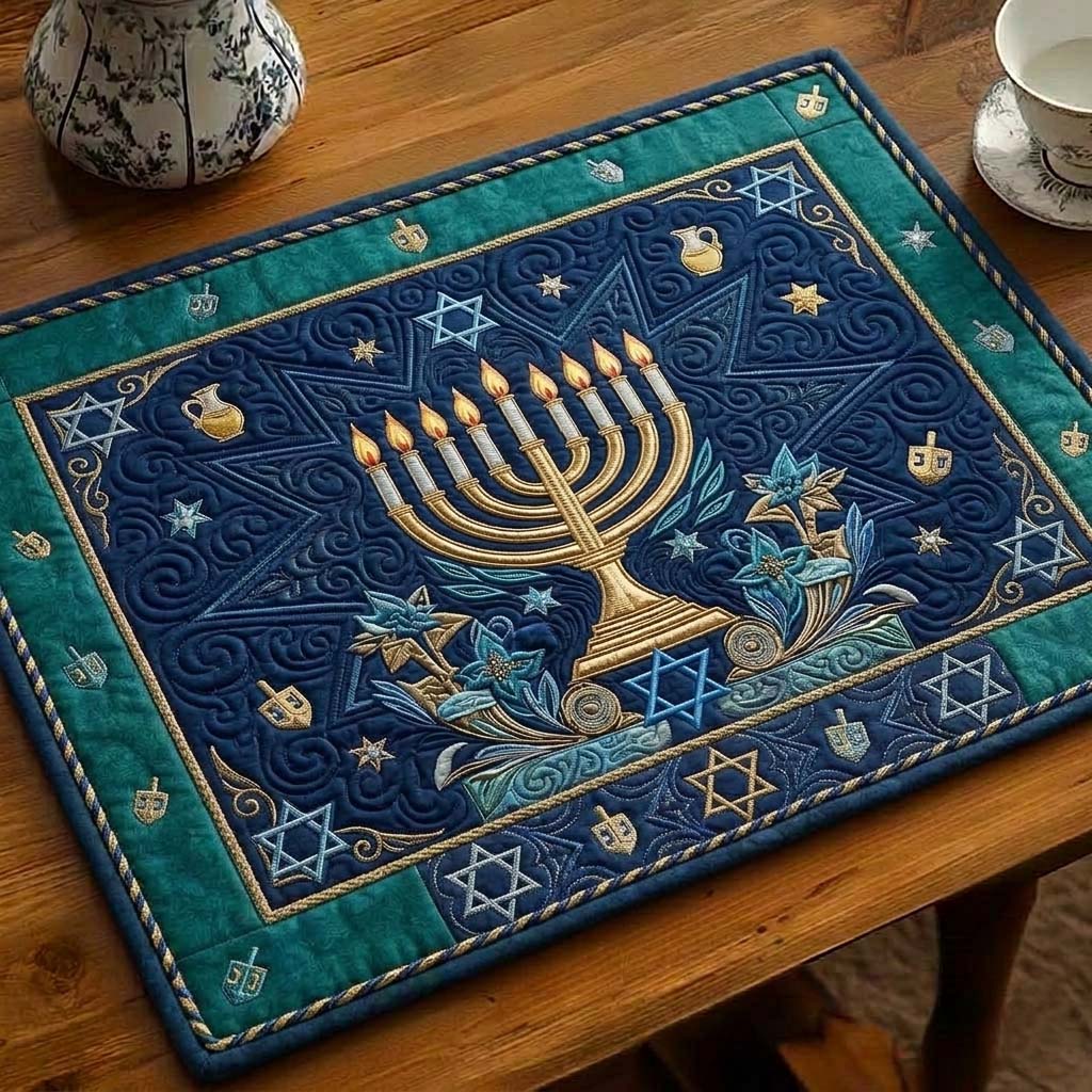 Hanukkah Lights quilted placemats – menorah with teal border