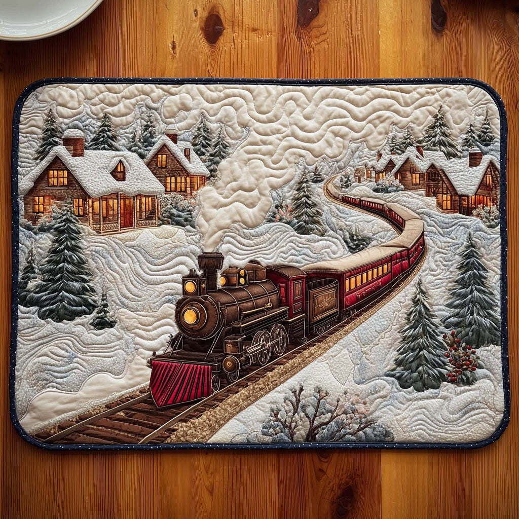 Village Steam Train quilted placemats – steam train past cottages