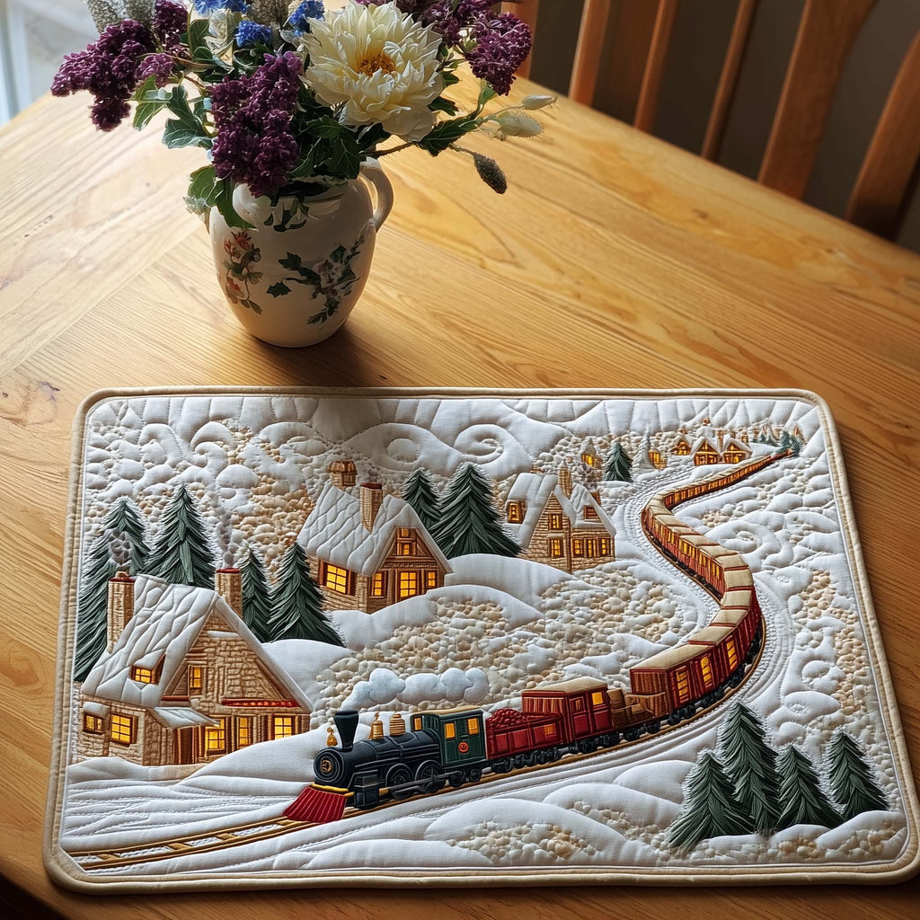 Snowy Village quilted placemats – train past cottages