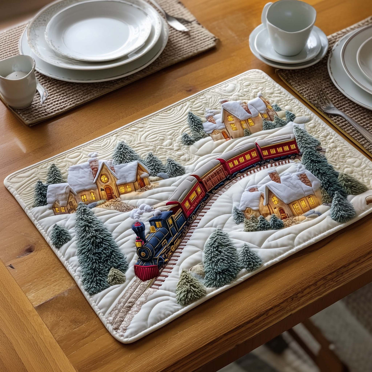 Village Railway quilted placemats – train through white village
