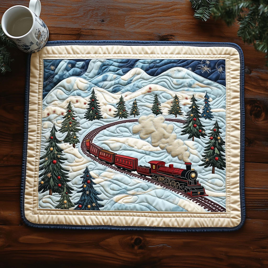 Christmas Train quilted placemats – steam train in the snow
