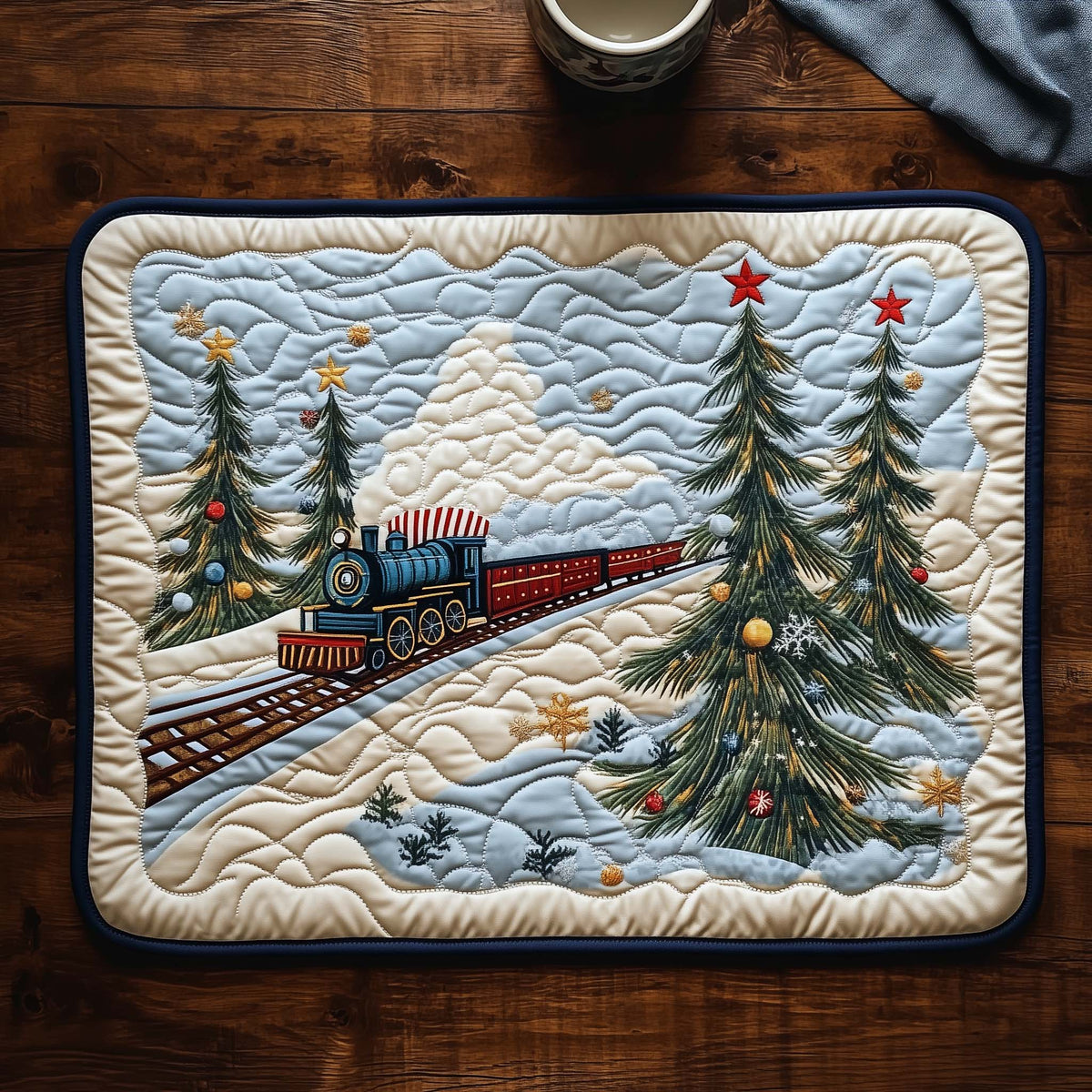 Christmas Express quilted placemats – train and Christmas trees