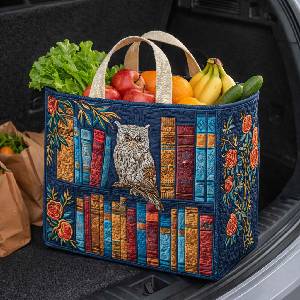 Owl Library quilted shopping bag – owl among books