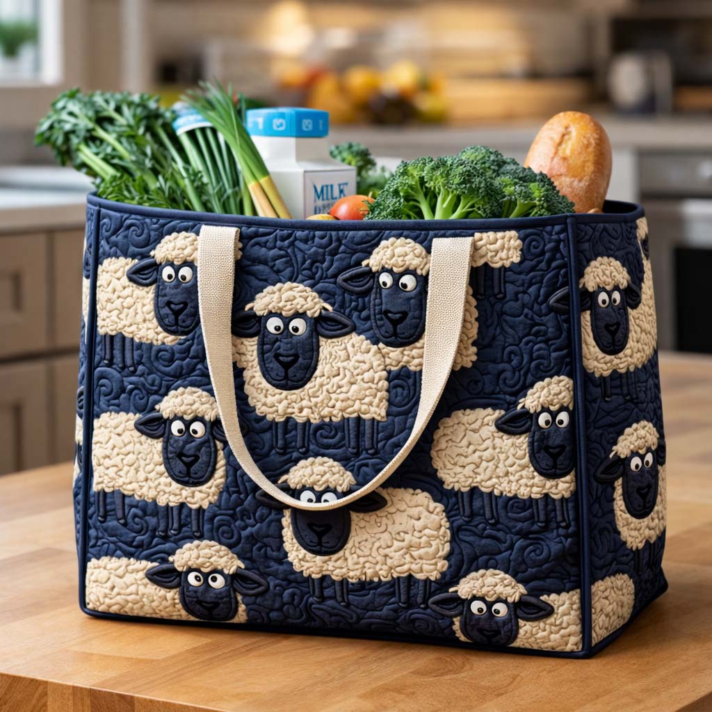Midnight Sheep quilted shopping bag – sheep on navy