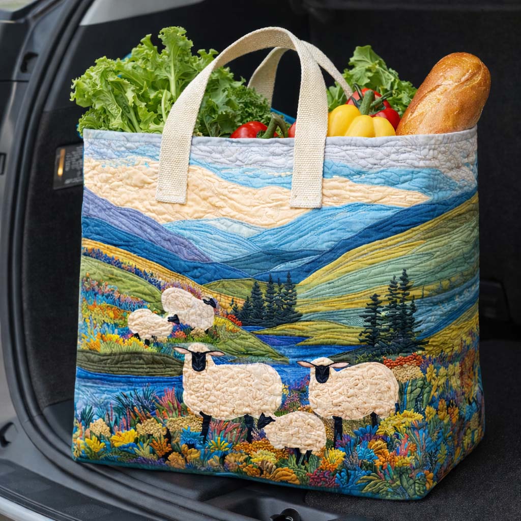 Pasture Hills quilted shopping bag – sheep on hills