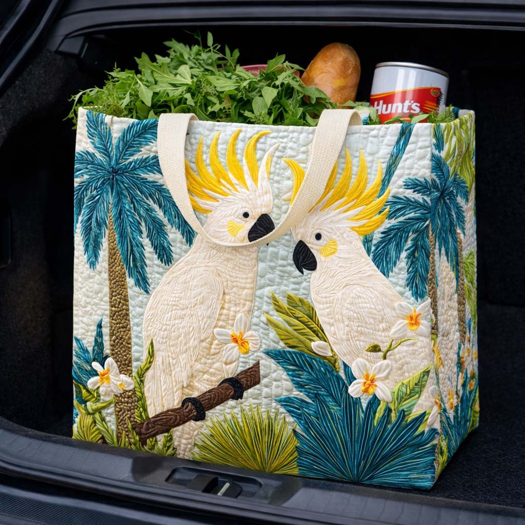 Golden Cockatoo quilted shopping bag – cockatoos and palms