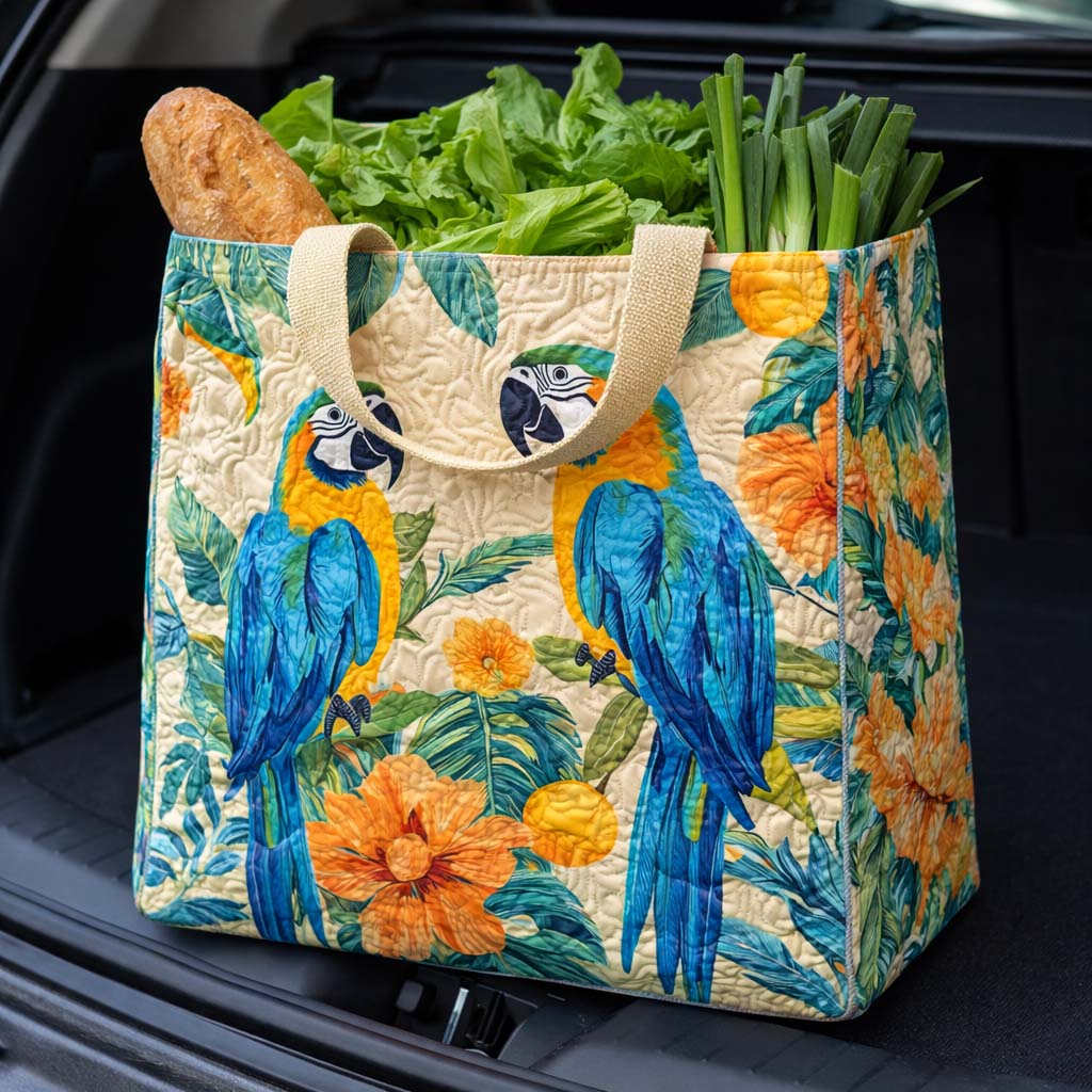 Blue Tropic Parrots quilted shopping bag – blue macaws