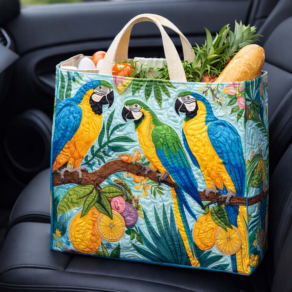 Parrot Trio quilted shopping bag – three macaws