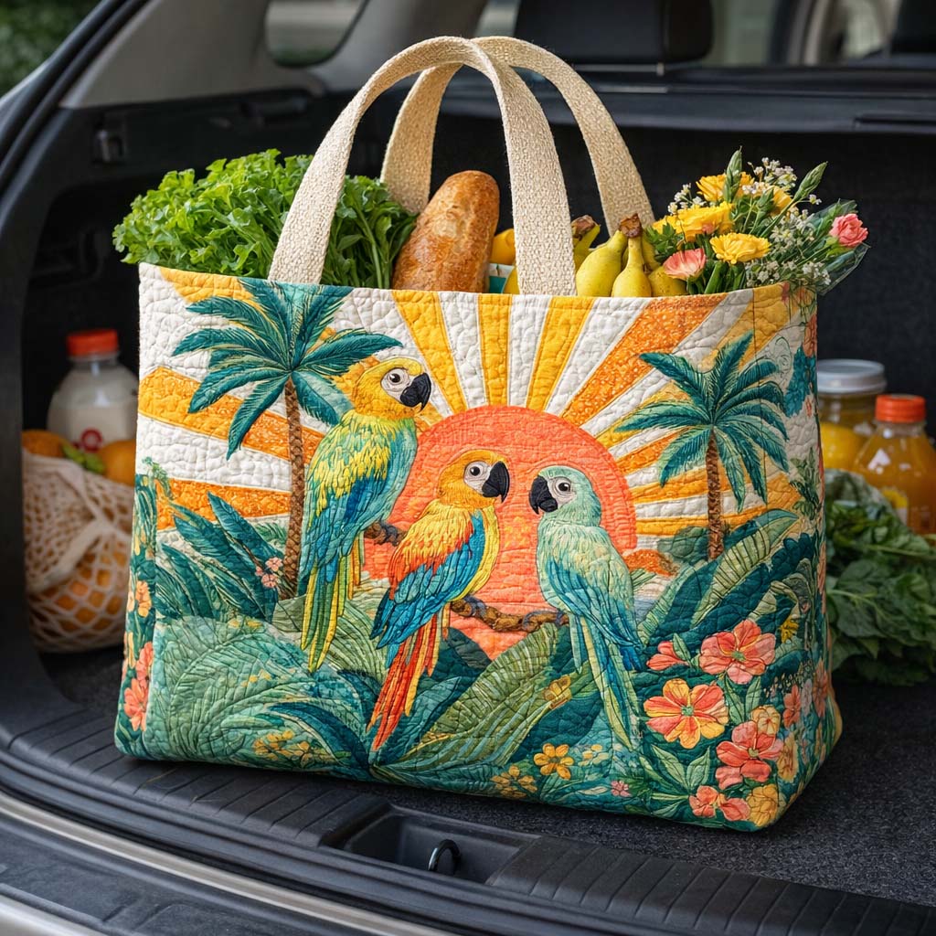 Palm Sunset Parrots quilted shopping bag – parrots at sunset