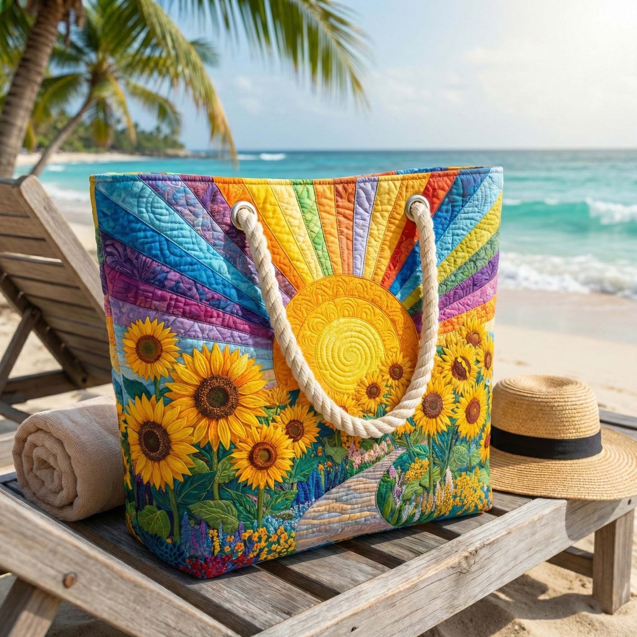 Rainbow Sun quilted beach bag on the sand with a towel and sun cream